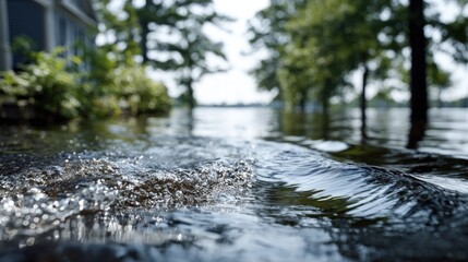 Fototapeta premium Close-up view of floodwater lapping at the base of a property.