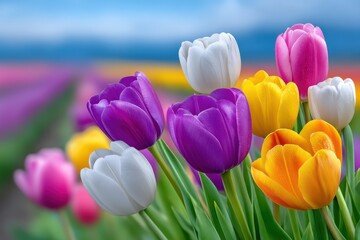 Vibrant yellow tulip field in full bloom