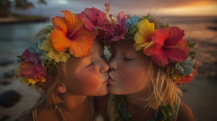 Homosexual children with floral crowns sharing a tender kiss on a tropical beach