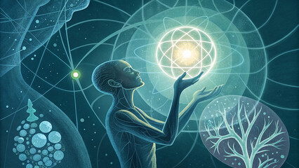 Human figure holding a glowing orb with intricate cosmic patterns and scientific symbols