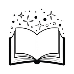 Open book with magical sparkles and stars emanating from the pages