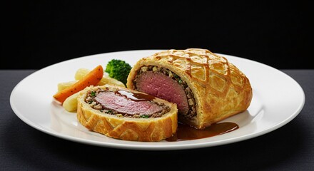 A plate of sliced beef wellington with vegetables and sauce on a white plate with black background