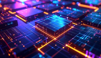 Fototapeta premium Abstract digital circuit board with glowing lines and cubes