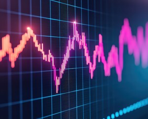 A colorful digital graph displaying fluctuating waveforms on a grid, representing data analysis or financial market trends.