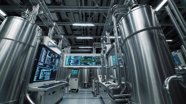 Pharmaceutical industrial factory modern control panel large reactors. Pharmaceutical environment features automation clean process monitoring. Pharmaceutical plant ensures safe efficient production.