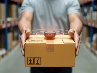 Person holding package with scanner and digital overlay in warehouse cardboard