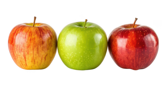 Three ripe apples in a row one green two red and yellow isolated on transparent background