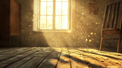 Dusty room with old distressed windows and sun rays. Abandoned grungy interior with lights in the dust.