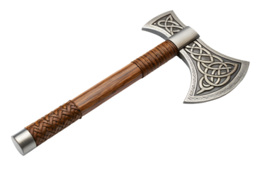 Ornate viking battle axe with intricate celtic knotwork isolated on transparent background