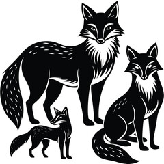 Obraz premium Black foxes standing and sitting stylized white animal silhoutte