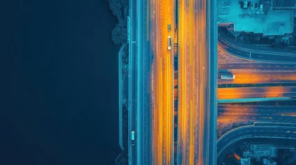 Handdoek met foto Snelweg bij nacht Aerial night view of a busy highway with light trails from moving vehicles, adjacent to a body of water and urban infrastructure.  © Noppakun