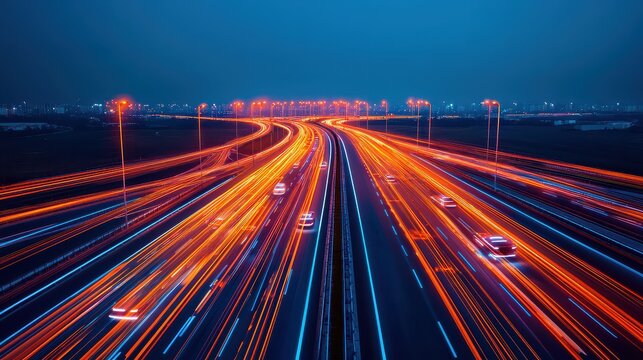Nighttime long-exposure of a busy highway showing streaks of red and white lights from moving vehicles against a clear dark sky.