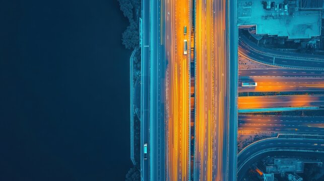 Aerial night view of a busy highway with light trails from moving vehicles, adjacent to a body of water and urban infrastructure.