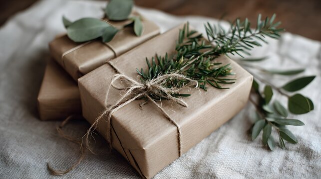 Wrapped gifts with simple kraft paper and rustic string with fresh green sprigs.