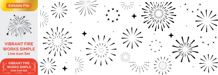 Set of golden fireworks icon. Festive fireworks with stars and sparks isolated on white background. Vibrant fireworks simple line icons