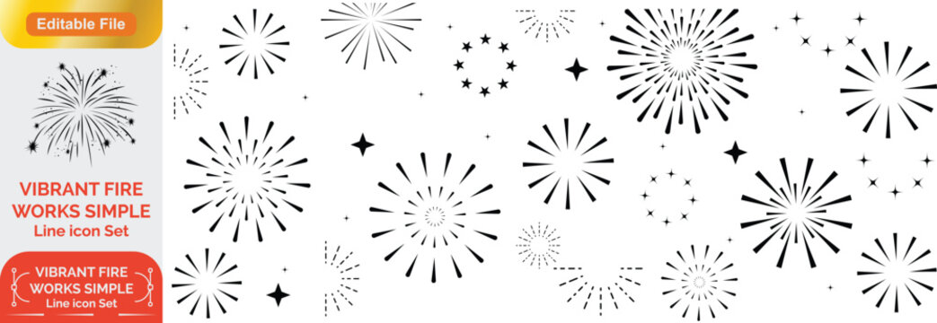 Set of golden fireworks icon. Festive fireworks with stars and sparks isolated on white background. Vibrant fireworks simple line icons
