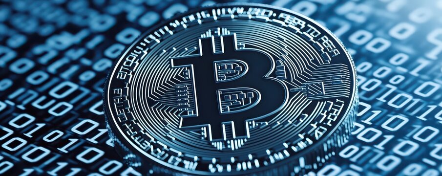A close-up of a silver Bitcoin coin resting on a digital background filled with binary code, symbolizing cryptocurrency and blockchain technology.