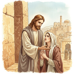 Watercolor Depiction of Forgiveness: Jesus' Compassion in Ancient City, 8k.