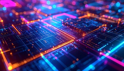 Obraz premium Abstract digital circuit board with vibrant glowing lines and blocks