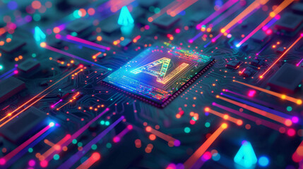
AI word on microchip and colorful light spread with strong beam , AI concept with copyspace banner background 