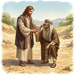 Watercolor Illustration: Jesus Healing a Blind Man on Dusty Road, High Detail 8k.