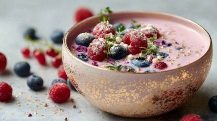 Delightful berry smoothie bowl with fresh raspberries and blueberries in a golden accented pink bowl creates a vibrant, healthy treat.
