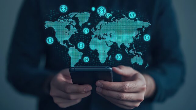 A person holds a smartphone with a digital world map and floating dollar icons, symbolizing global finance and mobile money transactions. - Powered by Adobe