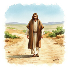 Watercolor Jesus Walking: Faith, Determination, and Solitude on a Dusty Road.