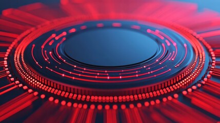 A futuristic digital interface with glowing red circular patterns and high-tech circuitry elements on a dark background.
