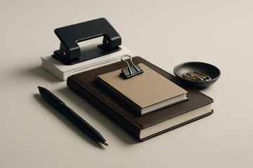 Minimalist Desk Setup Notebooks, Pen, and Office Supplies for Productivity and Organization