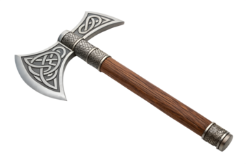 Ornate viking axe with intricate celtic knotwork isolated on transparent background
