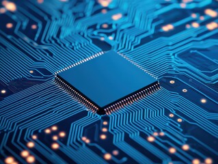 Close-up of a blue microchip on a circuit board with intricate pathways and glowing connection points.
