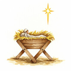 Watercolor Nativity Manger Scene with Shining Star on White Background. 8k.