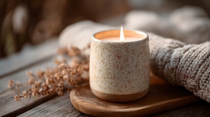 Cozy scene with a lit candle on a wooden tray next to a soft knit blanket creating a warm and inviting ambiance