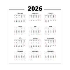 2026  Editable Calendar Yearly Planner in a Clean Minimalist Style, 2026 Calendar, Monthly Calendar for the Year vector illustration template