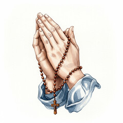 Watercolor Praying Hands with Rosary: A Symbol of Faith and Hope in 8k Detail.