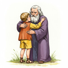 Watercolor Prodigal Son: Father's Loving Embrace and Forgiveness, Homecoming Festivities.