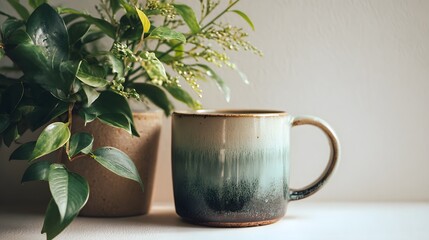 Ceramic mug and green plant create a calming, natural indoor atmosphere perfect for a cozy lifestyle