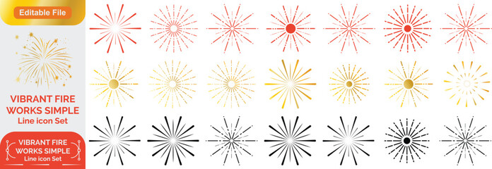 Set of golden fireworks icon. Festive fireworks with stars and sparks isolated on white background. Vibrant fireworks simple line icons