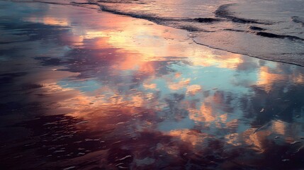 Golden hour sky reflects on the wet beach sand at sunset, creating a beautiful and serene scene