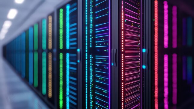 A futuristic data center with rows of servers illuminated by colorful LED lights in a high-tech environment.