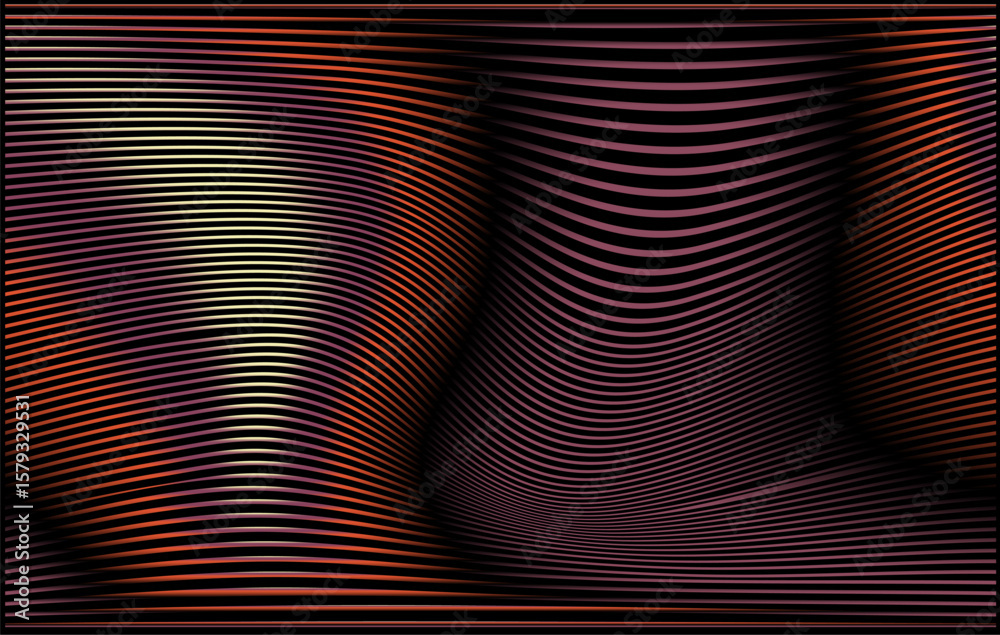 Poster Vector illustration features a minimalist abstract design with parallel, wavy lines creating a 3D effect. The style is modern and geometric, with a dynamic theme. 