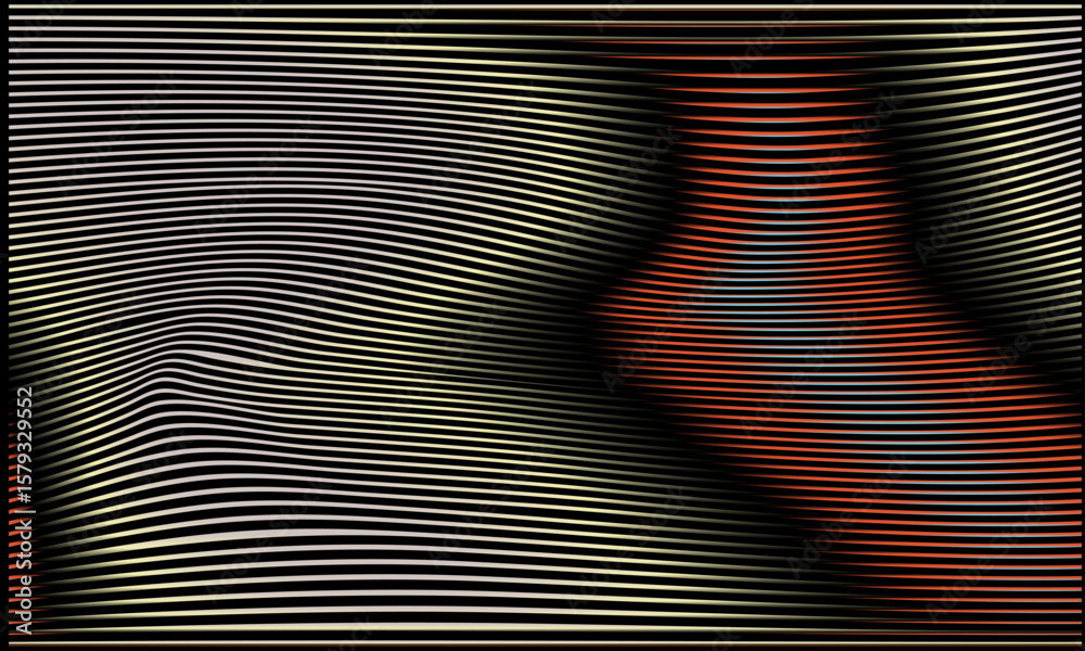 Poster Vector illustration features a minimalist abstract design with parallel, wavy lines creating a 3D effect. The style is modern and geometric, with a dynamic theme. 