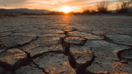 Cracked earth glows with sunset in a desert landscape, emphasizing drought and climate change.