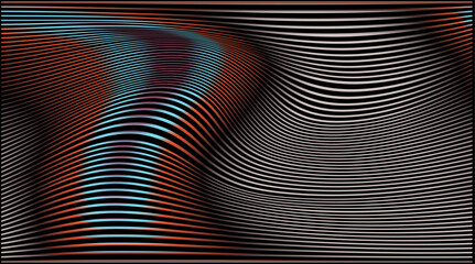 Vector illustration in op-art style with wavy, flowing lines. The theme is illusion and rhythm, featuring gradients of red, orange and blue on black, forming abstract, dynamic wave-like shapes.
