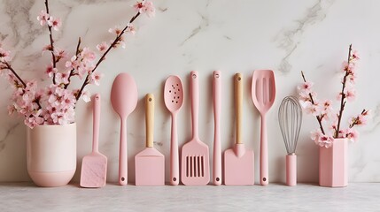 Pastel pink kitchen utensils showcase spring blossoms against a marble backdrop creating a stylish cooking aesthetic.