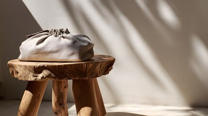 Beige drawstring bag showcased on a rustic wooden stool with soft, natural light illuminating the scene