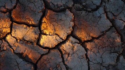 Dry cracked earth reveals a parched landscape texture under golden light.