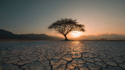 A lone tree stands over cracked dry land, with mountains silhouetted against a vibrant sunset sky