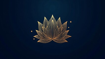 Luxury Gold Lotus Line Art on Dark Blue Background – Elegant Floral Design for Wedding Invitations and Greeting Cards